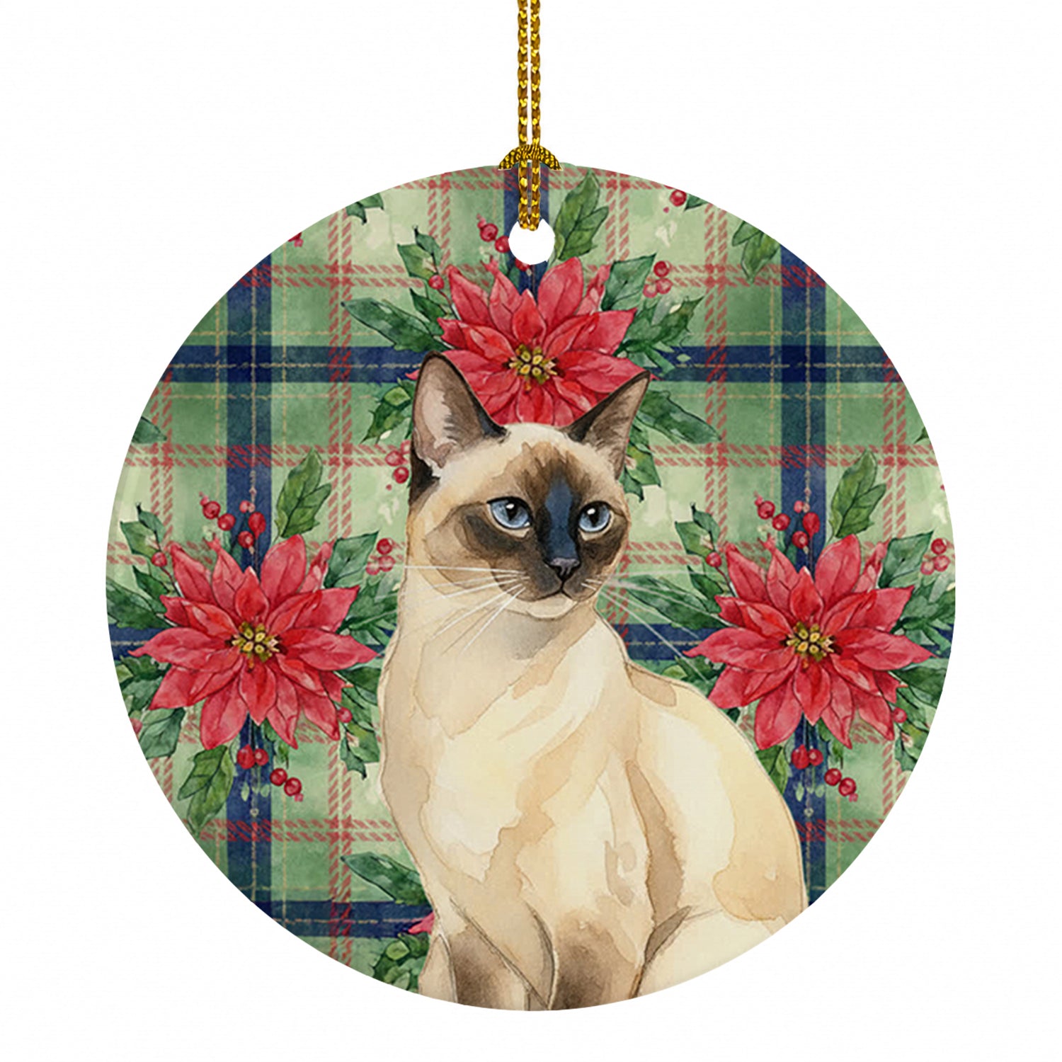 Seal Point Cat with Poinsettias Ceramic Ornament Christmas Tree Hanging Decorations for Home Christmas Holiday, Party, Gift, 3 in, Multicolor