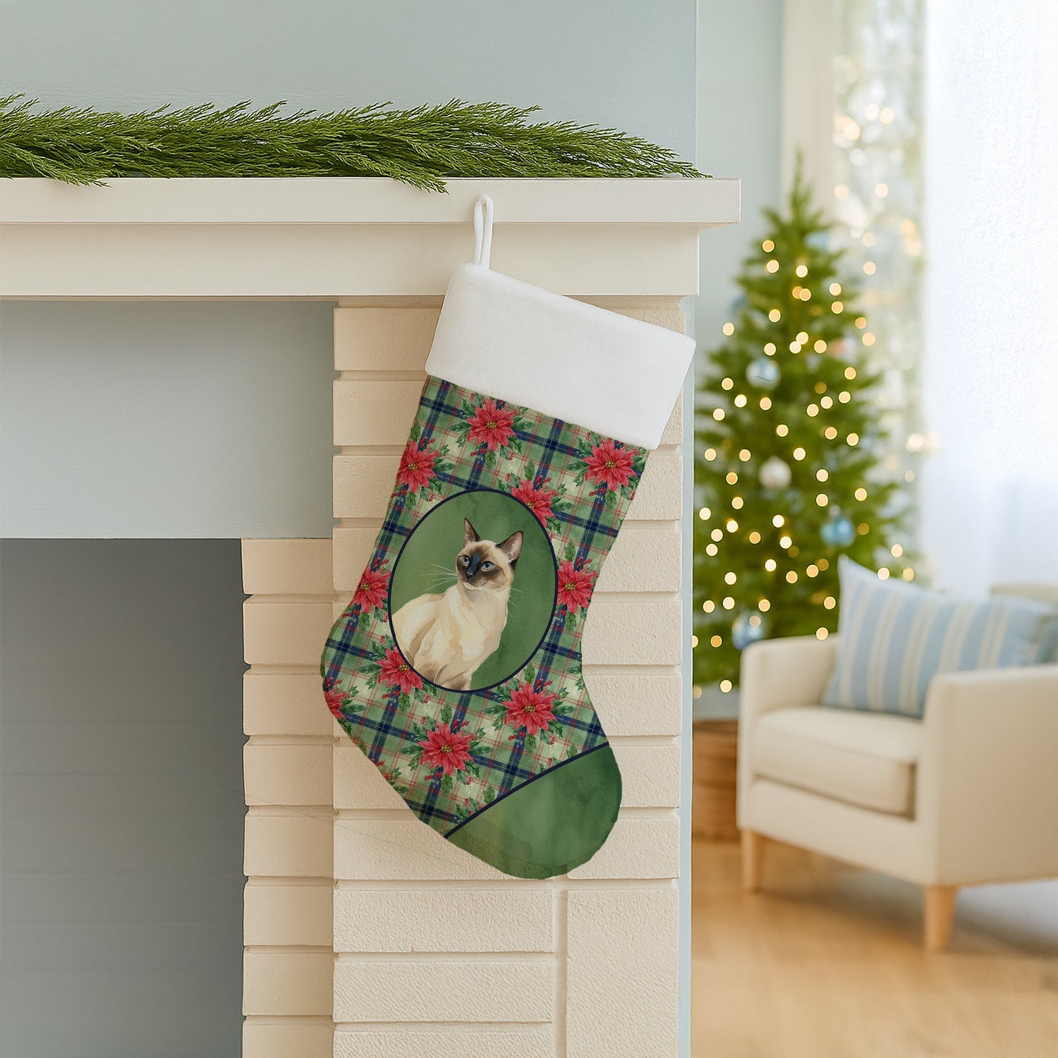 Seal Point Cat with Poinsettias Holiday Stocking Double-Sided Print, Polyester Suede,11x18, Made in USA