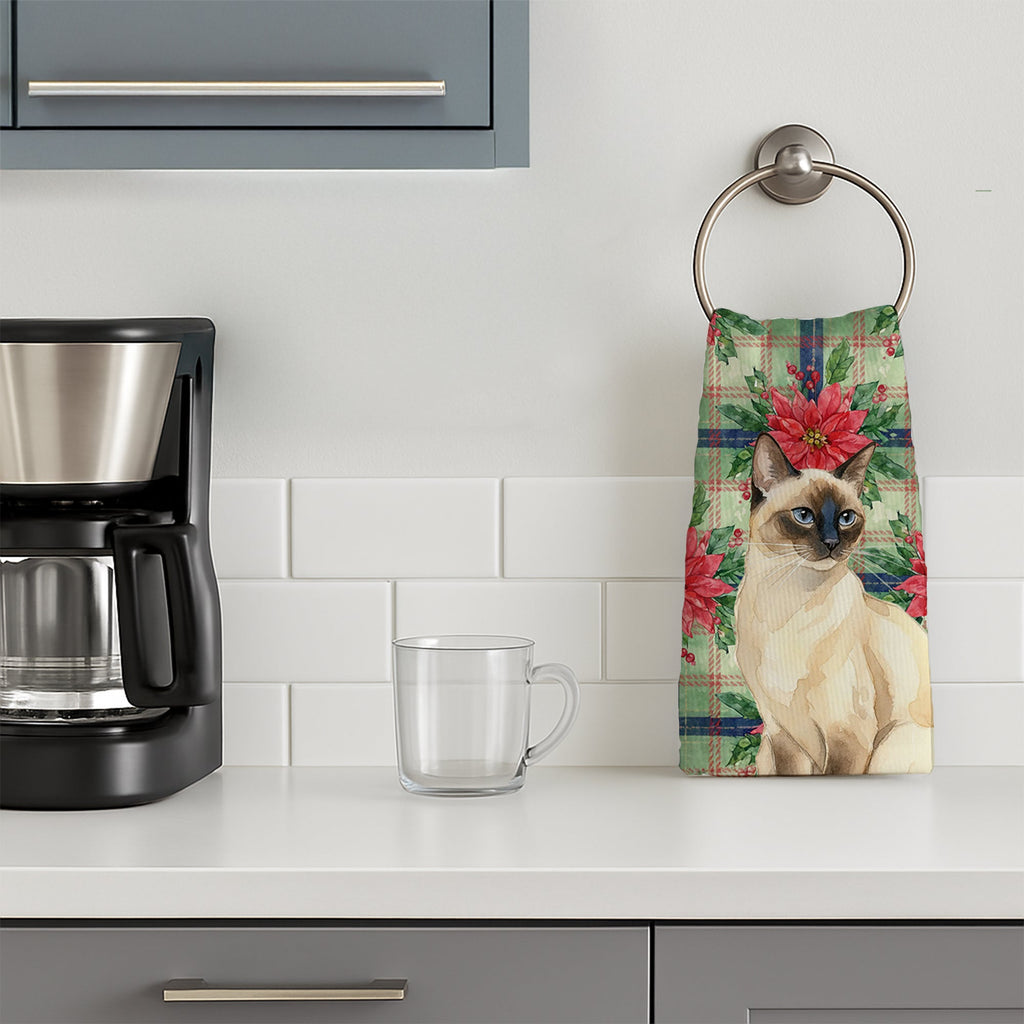 Seal Point Cat with Poinsettias Kitchen Towel Velour Plush Front and Cotton Loop Back Machine Washable