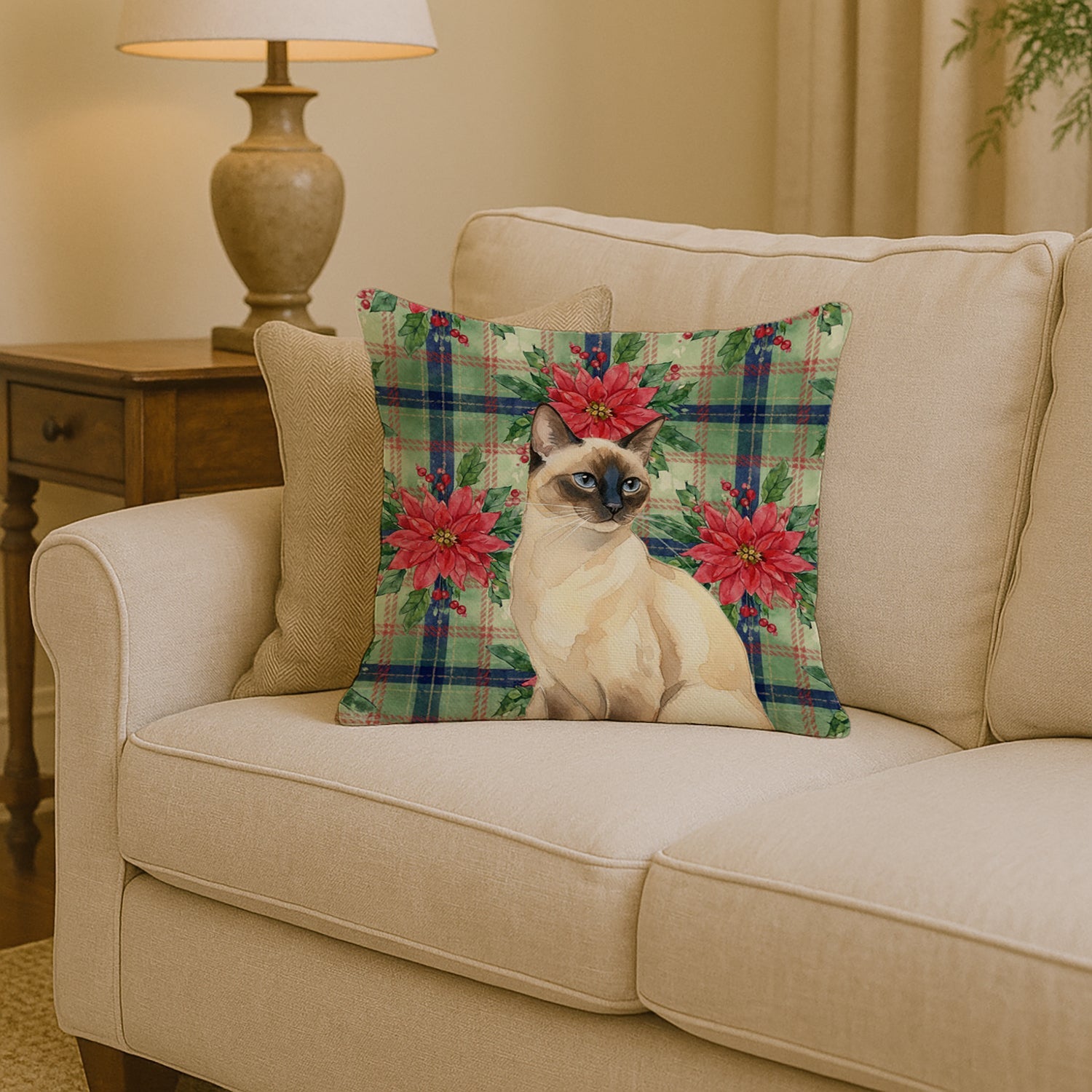Seal Point Cat with Poinsettias Decorative Throw Pillow 14x14 Indoor Outdoor Accent Cushion, Fabric Cover with Insert for Sofa, Bed, Porch & Living Room