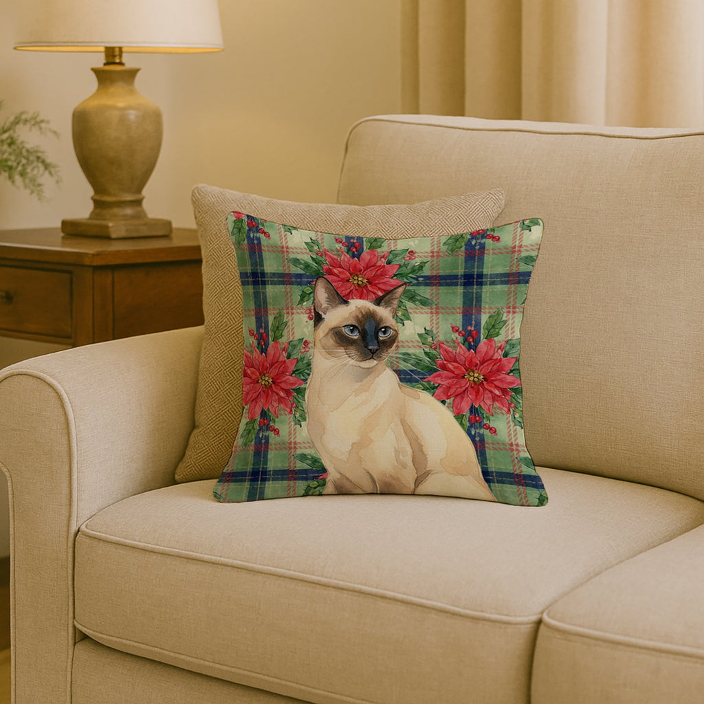 Seal Point Cat with Poinsettias Decorative Throw Pillow 18x18 Indoor Outdoor Accent Cushion, Fabric Cover with Insert for Sofa, Bed, Porch & Living Room