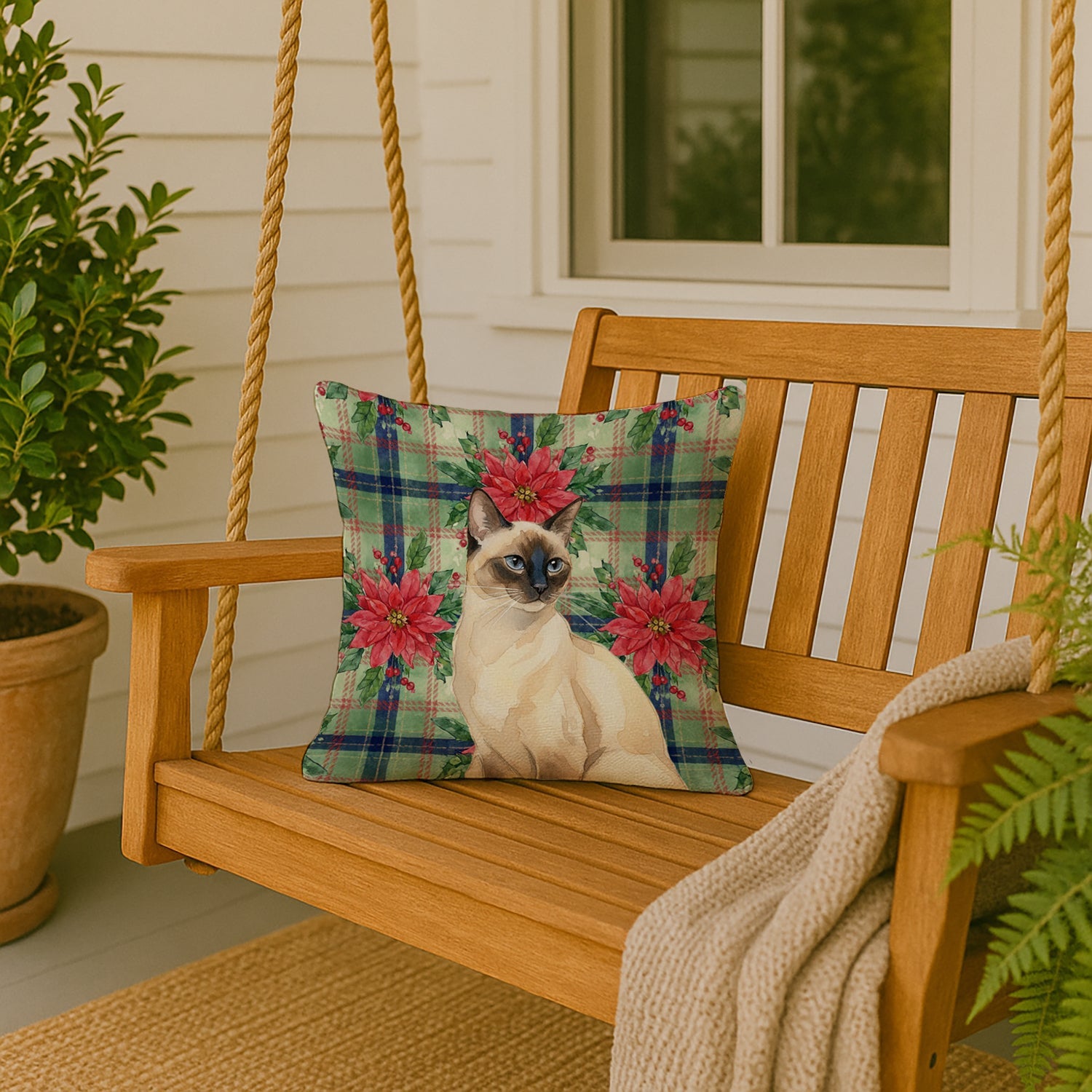 Seal Point Cat with Poinsettias Decorative Throw Pillow 18x18 Indoor Outdoor Accent Cushion, Fabric Cover with Insert for Sofa, Bed, Porch & Living Room