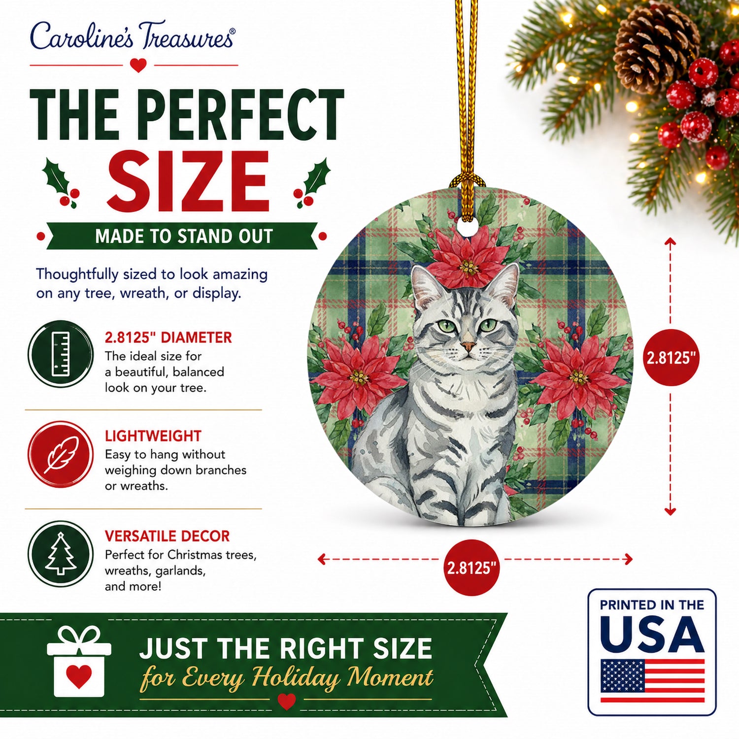 Silver Classic Tabby Cat with Poinsettias Ceramic Ornament Christmas Tree Hanging Decorations for Home Christmas Holiday, Party, Gift, 3 in, Multicolor