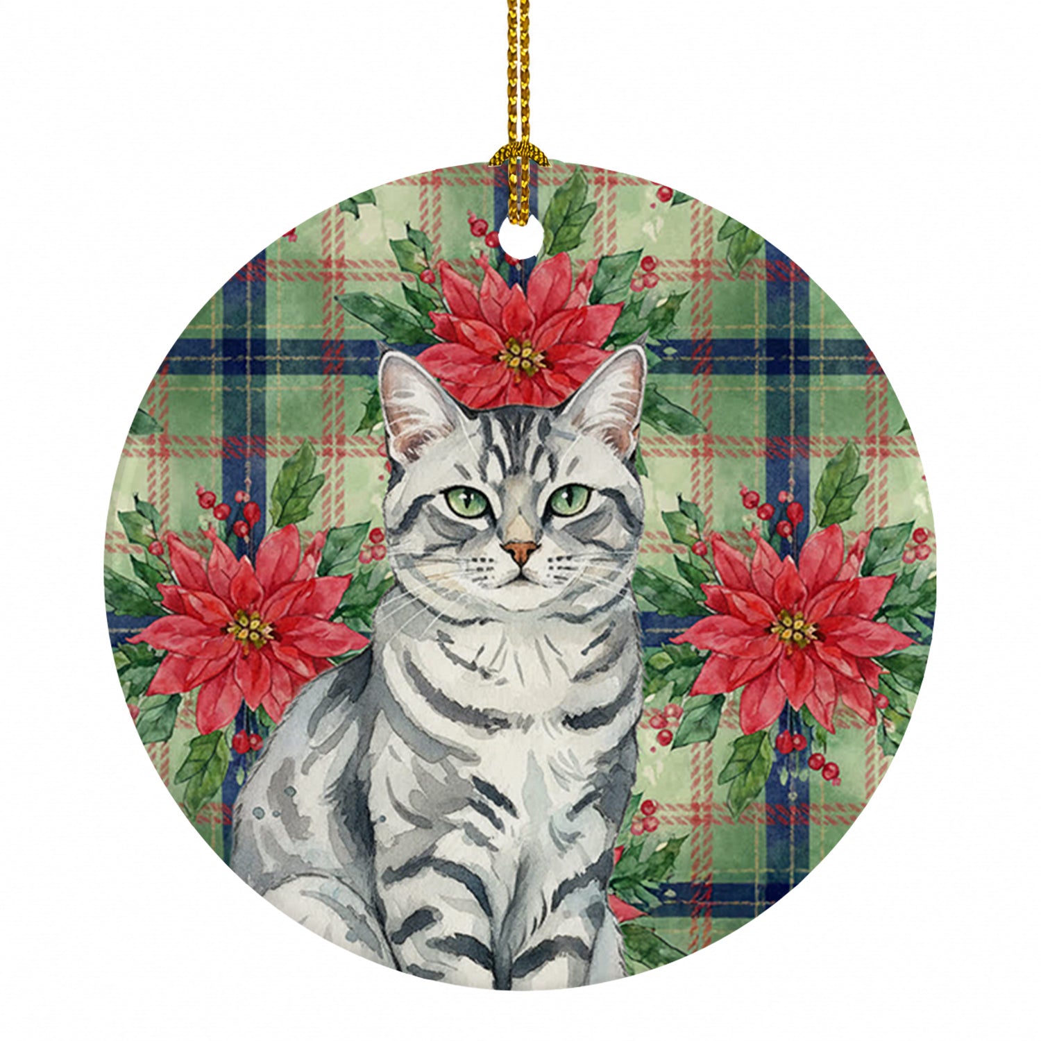 Silver Classic Tabby Cat with Poinsettias Ceramic Ornament Christmas Tree Hanging Decorations for Home Christmas Holiday, Party, Gift, 3 in, Multicolor