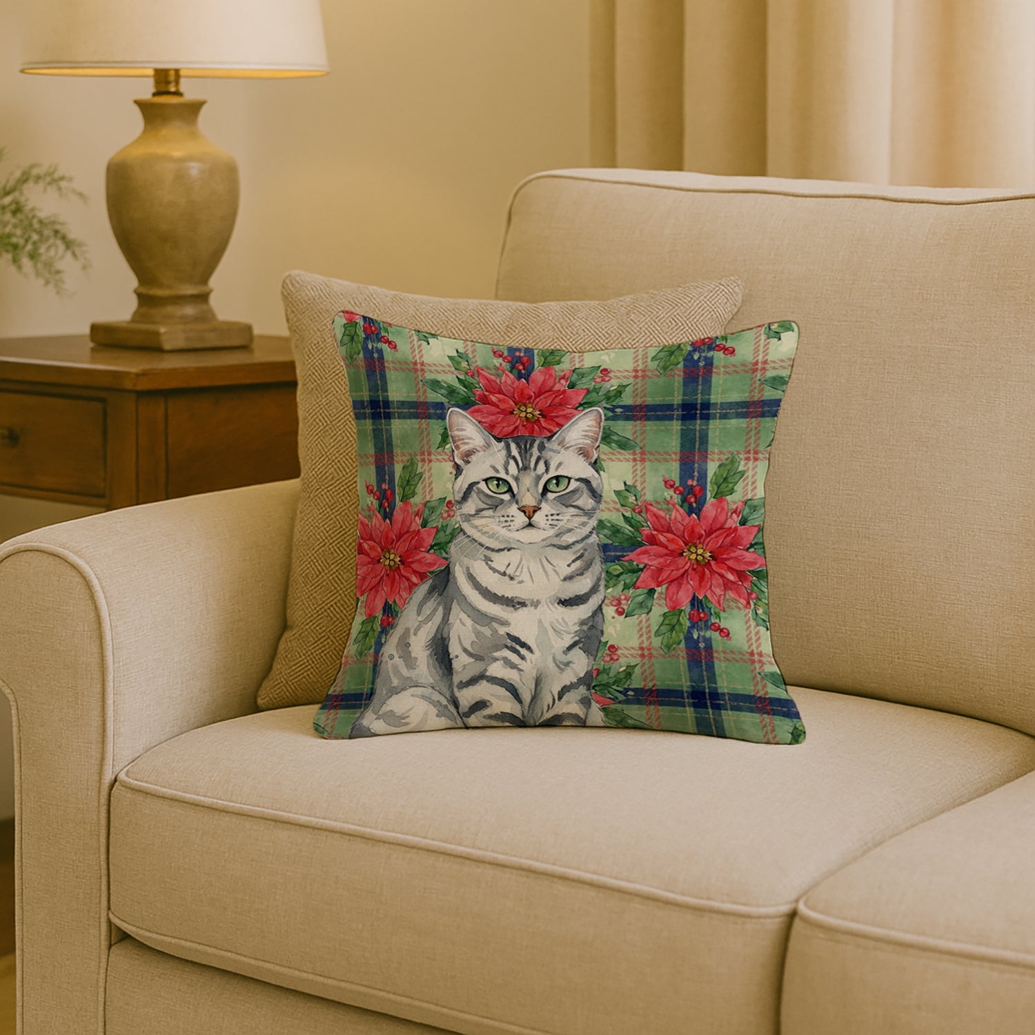 Silver Classic Tabby Cat with Poinsettias Decorative Throw Pillow 18x18 Indoor Outdoor Accent Cushion, Fabric Cover with Insert for Sofa, Bed, Porch & Living Room