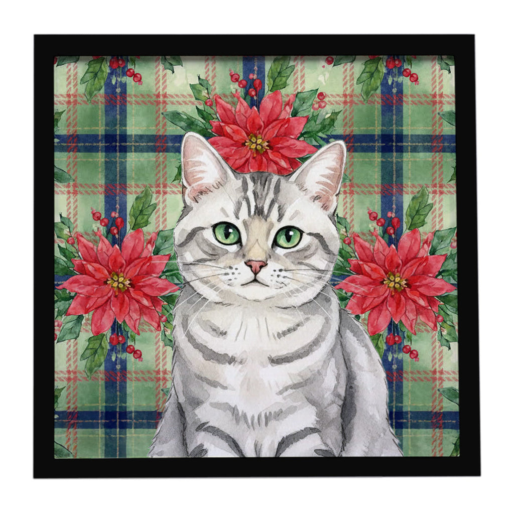 Silver Mackerel Tabby Cat with Poinsettias Framed Metal Print Bathroom, Kitchen, Office, Home Decor Wall Art Ready to Hang, Square, 8X8