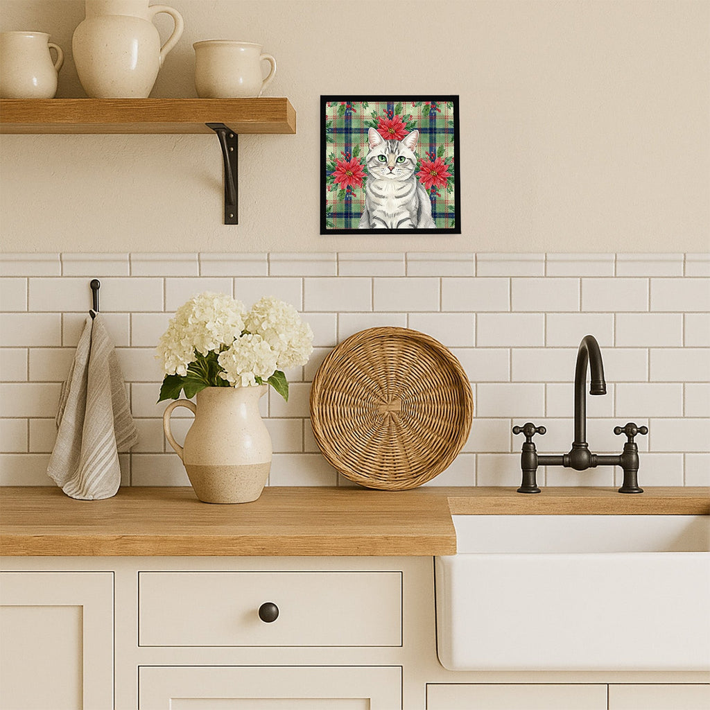 Silver Mackerel Tabby Cat with Poinsettias Framed Metal Print Bathroom, Kitchen, Office, Home Decor Wall Art Ready to Hang, Square, 8X8