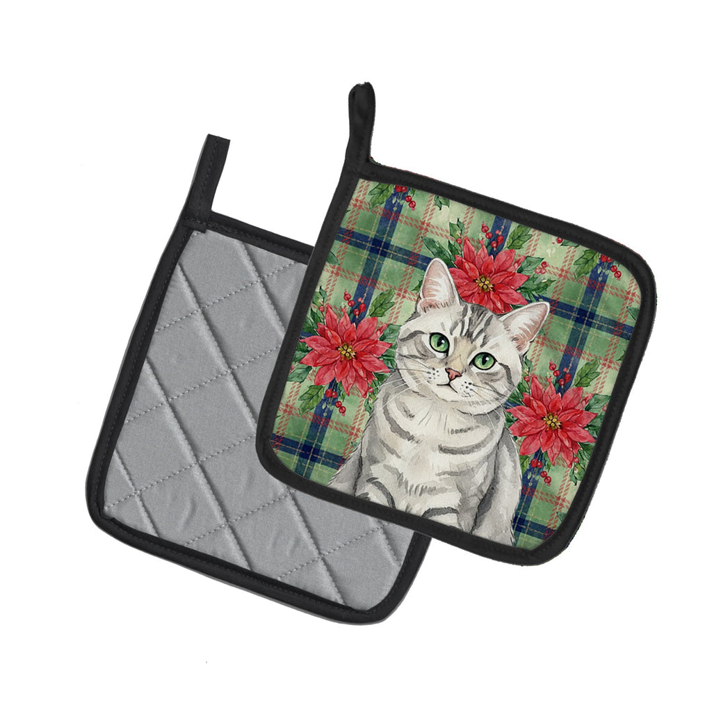 Silver Mackerel Tabby Cat with Poinsettias Pot Holder Set of 2 Heat Resistant Quilted Hot Pads 7.5 x 7.5 Inch, Insulated Kitchen Trivets for Cooking & Baking