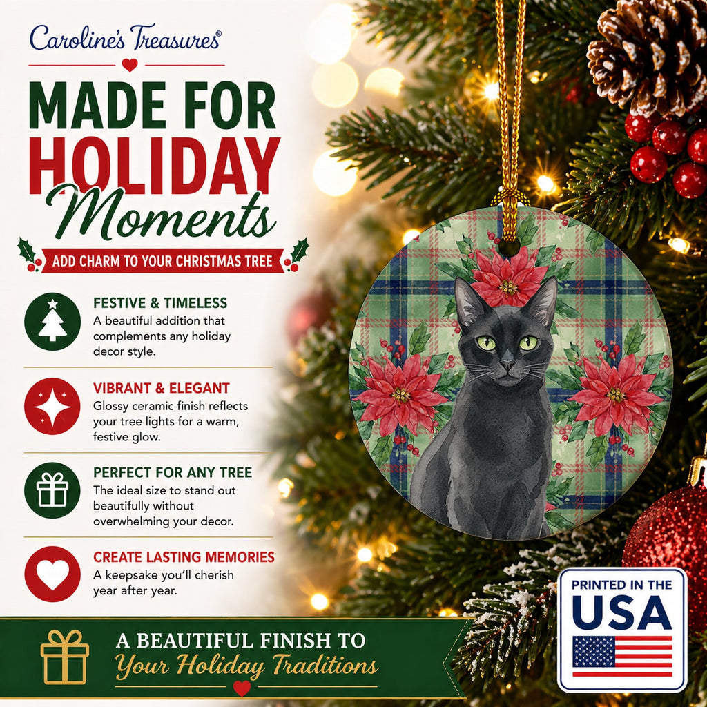 Solid Black Cat with Poinsettias Ceramic Ornament Christmas Tree Hanging Decorations for Home Christmas Holiday, Party, Gift, 3 in, Multicolor