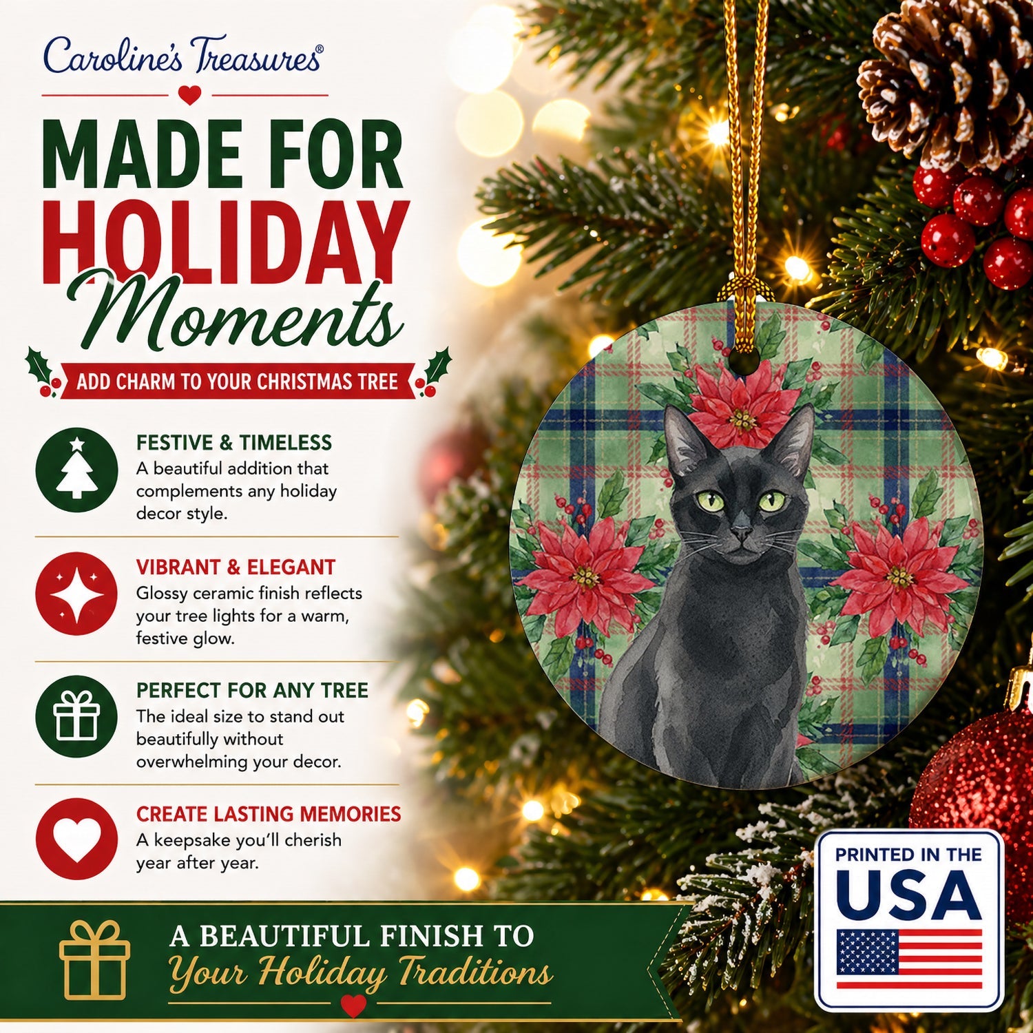 Solid Black Cat with Poinsettias Ceramic Ornament Christmas Tree Hanging Decorations for Home Christmas Holiday, Party, Gift, 3 in, Multicolor