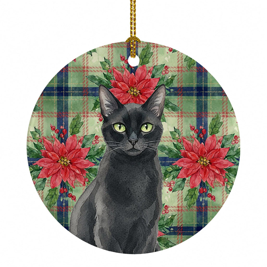 Solid Black Cat with Poinsettias Ceramic Ornament Christmas Tree Hanging Decorations for Home Christmas Holiday, Party, Gift, 3 in, Multicolor