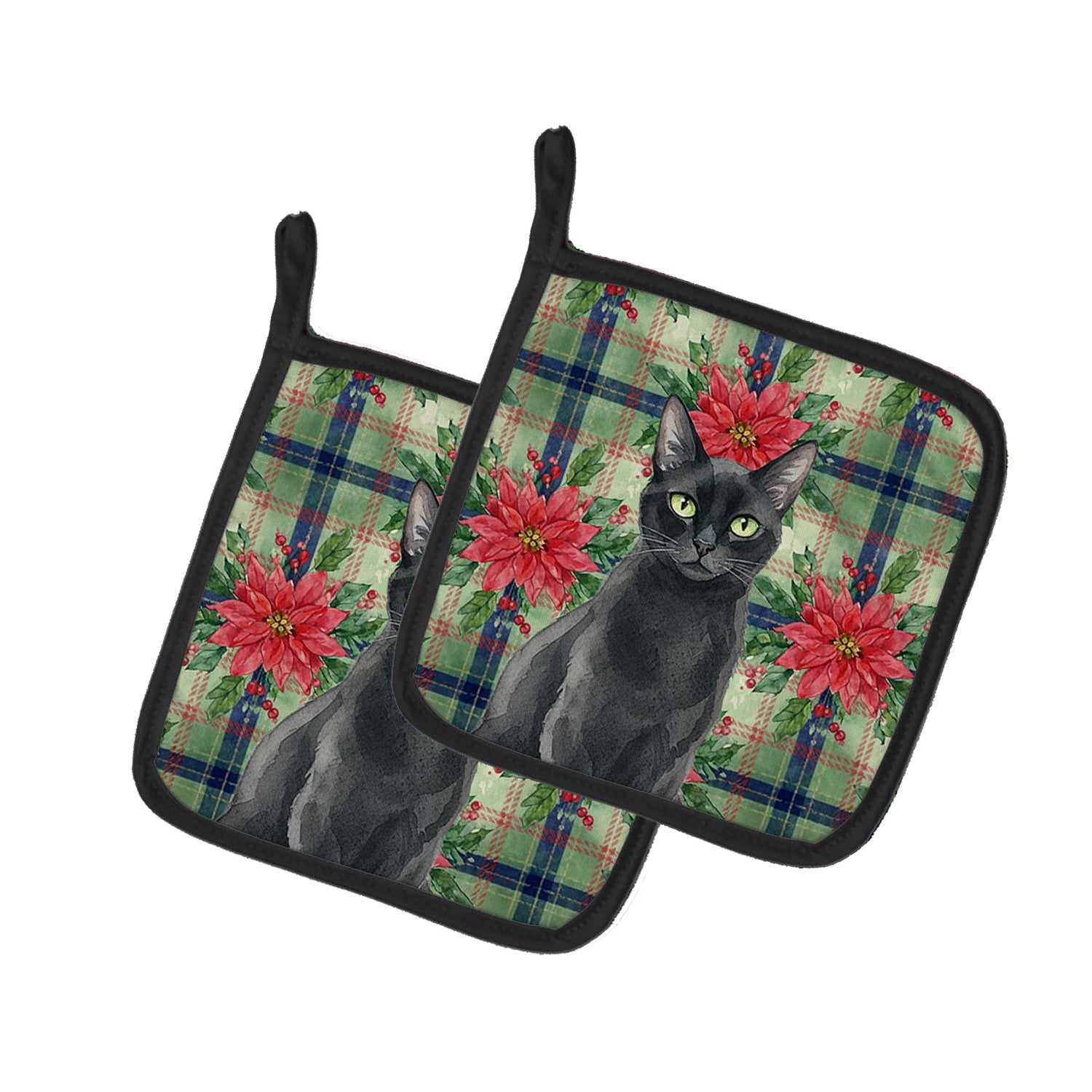 Solid Black Cat with Poinsettias Pot Holder Set of 2 Heat Resistant Quilted Hot Pads 7.5 x 7.5 Inch, Insulated Kitchen Trivets for Cooking & Baking
