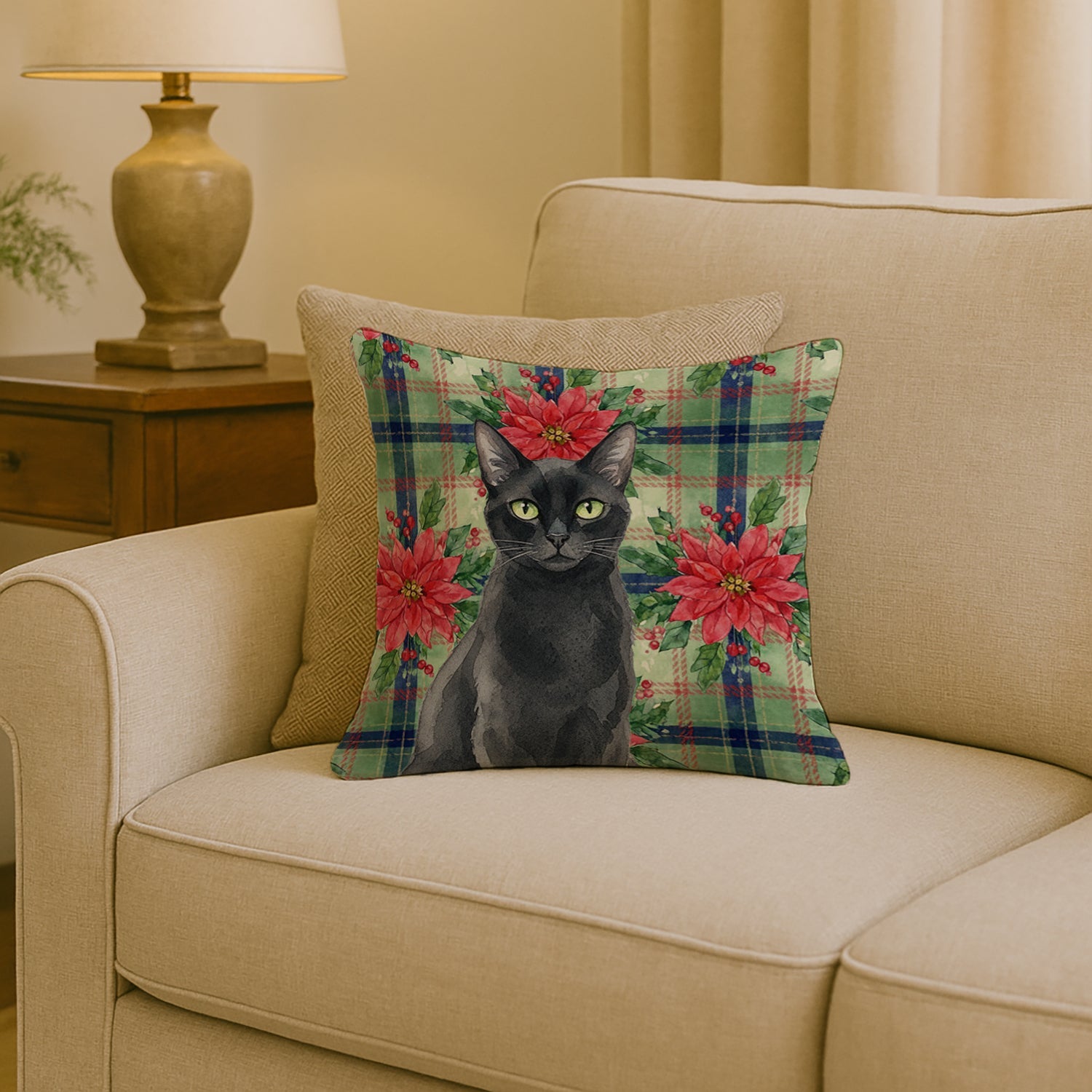 Solid Black Cat with Poinsettias Decorative Throw Pillow 18x18 Indoor Outdoor Accent Cushion, Fabric Cover with Insert for Sofa, Bed, Porch & Living Room