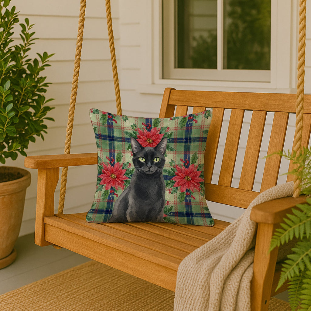 Solid Black Cat with Poinsettias Decorative Throw Pillow 18x18 Indoor Outdoor Accent Cushion, Fabric Cover with Insert for Sofa, Bed, Porch & Living Room