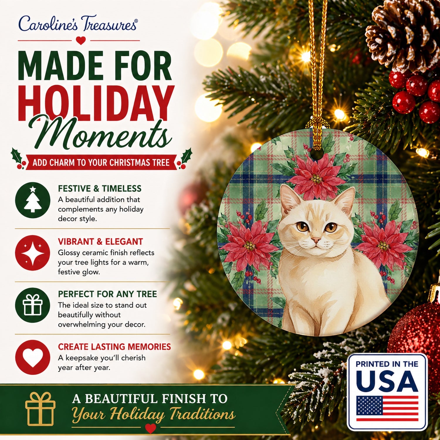 Solid Cream Cat with Poinsettias Ceramic Ornament Christmas Tree Hanging Decorations for Home Christmas Holiday, Party, Gift, 3 in, Multicolor