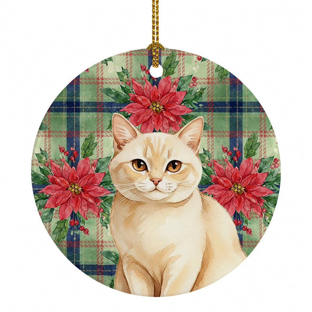 Solid Cream Cat with Poinsettias Ceramic Ornament Christmas Tree Hanging Decorations for Home Christmas Holiday, Party, Gift, 3 in, Multicolor
