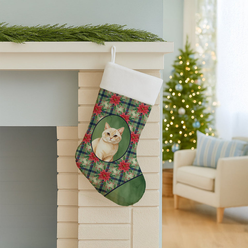 Solid Cream Cat with Poinsettias Holiday Stocking Double-Sided Print, Polyester Suede,11x18, Made in USA