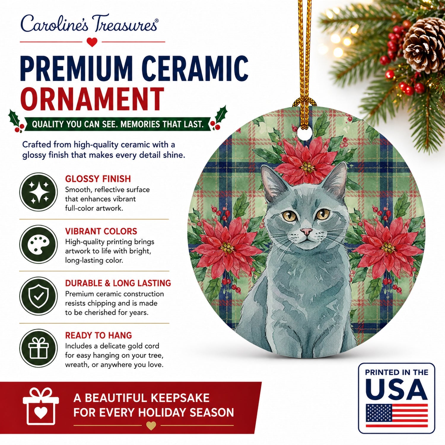 Solid Gray Cat with Poinsettias Ceramic Ornament Christmas Tree Hanging Decorations for Home Christmas Holiday, Party, Gift, 3 in, Multicolor
