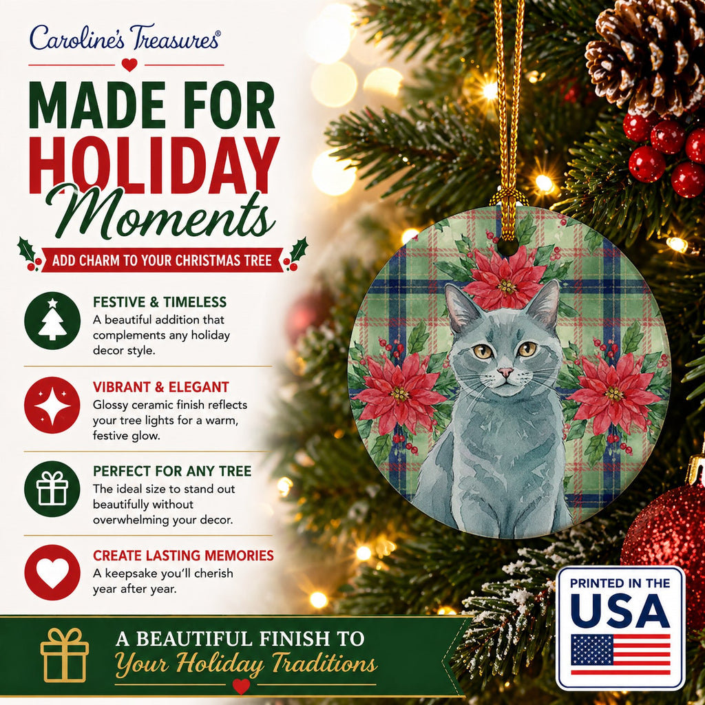 Solid Gray Cat with Poinsettias Ceramic Ornament Christmas Tree Hanging Decorations for Home Christmas Holiday, Party, Gift, 3 in, Multicolor