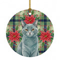 Solid Gray Cat with Poinsettias Ceramic Ornament Christmas Tree Hanging Decorations for Home Christmas Holiday, Party, Gift, 3 in, Multicolor