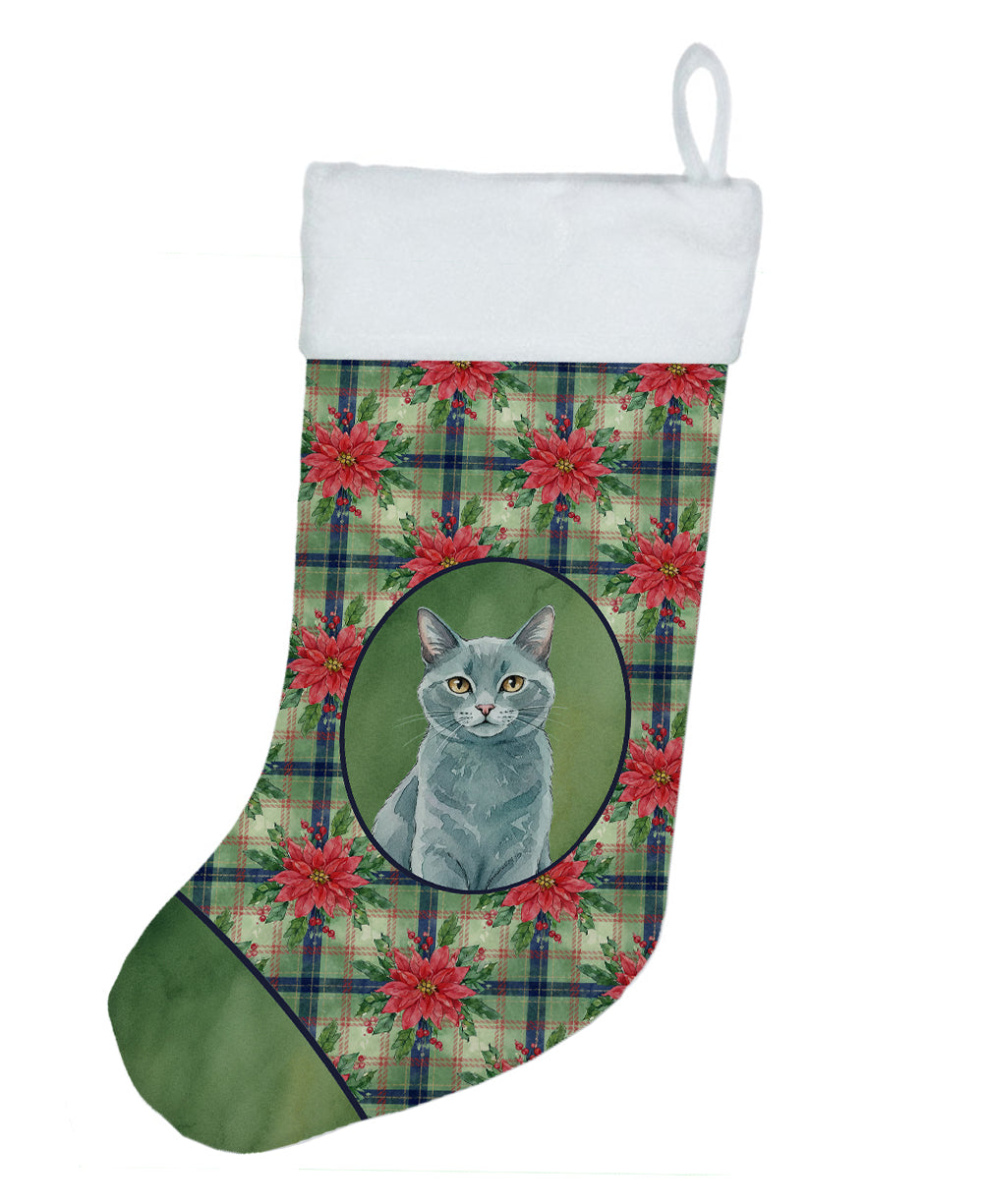 Solid Gray Cat with Poinsettias Holiday Stocking Double-Sided Print, Polyester Suede,11x18, Made in USA