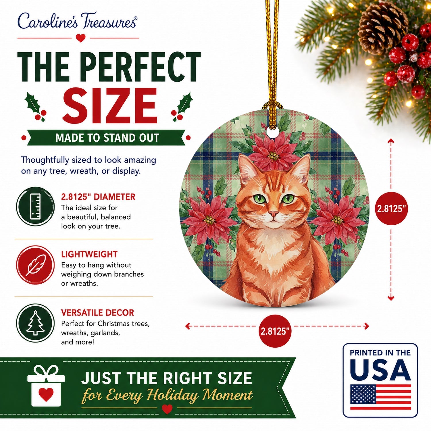 Solid Red Ginger Cat with Poinsettias Ceramic Ornament Christmas Tree Hanging Decorations for Home Christmas Holiday, Party, Gift, 3 in, Multicolor