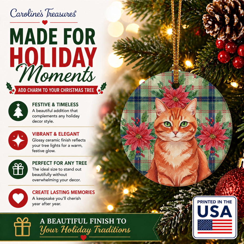 Solid Red Ginger Cat with Poinsettias Ceramic Ornament Christmas Tree Hanging Decorations for Home Christmas Holiday, Party, Gift, 3 in, Multicolor