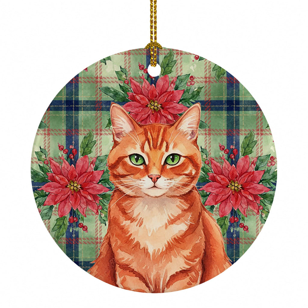 Solid Red Ginger Cat with Poinsettias Ceramic Ornament Christmas Tree Hanging Decorations for Home Christmas Holiday, Party, Gift, 3 in, Multicolor