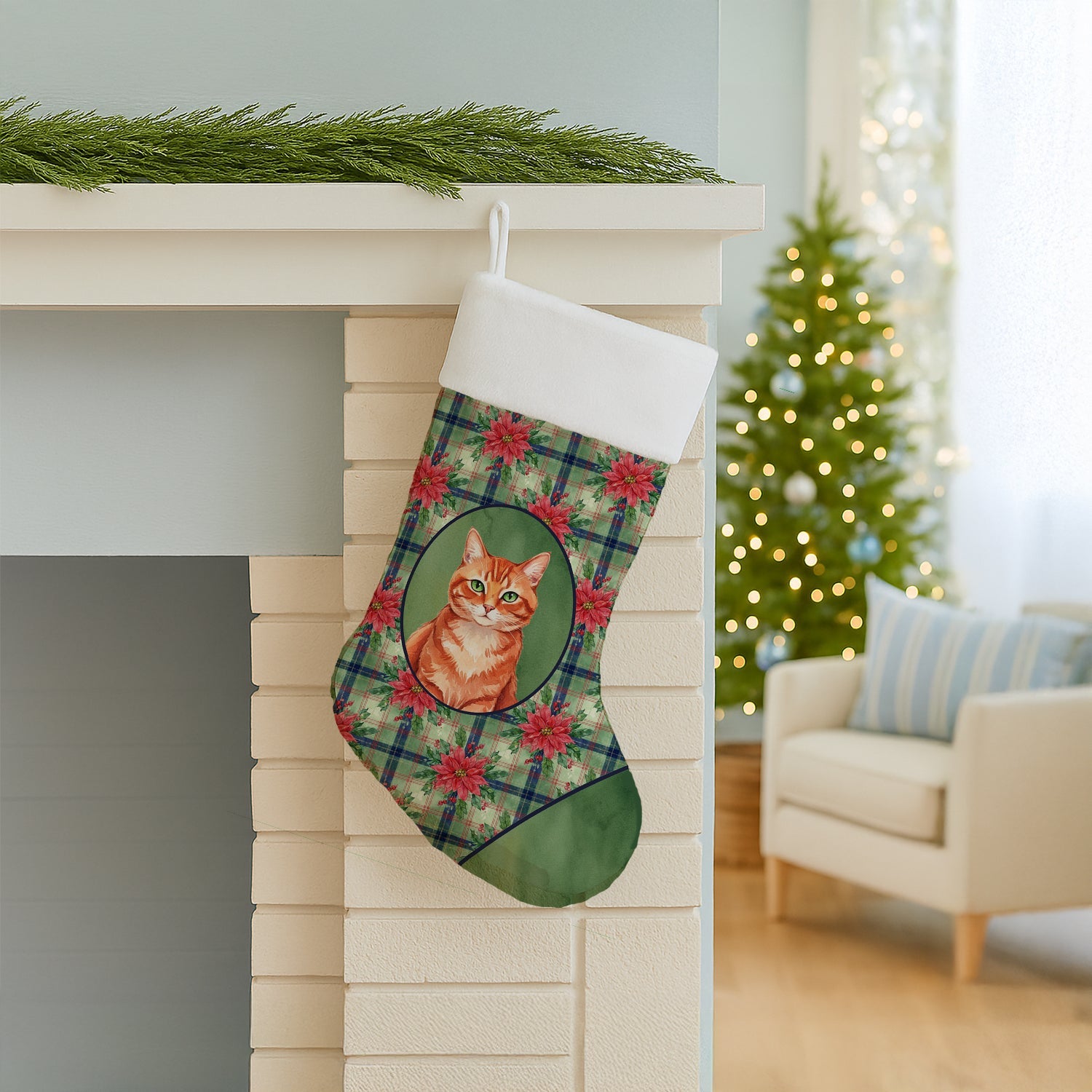 Solid Red Ginger Cat with Poinsettias Holiday Stocking Double-Sided Print, Polyester Suede,11x18, Made in USA