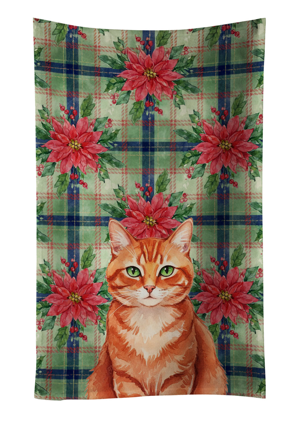 Solid Red Ginger Cat with Poinsettias Kitchen Towel Velour Plush Front and Cotton Loop Back Machine Washable