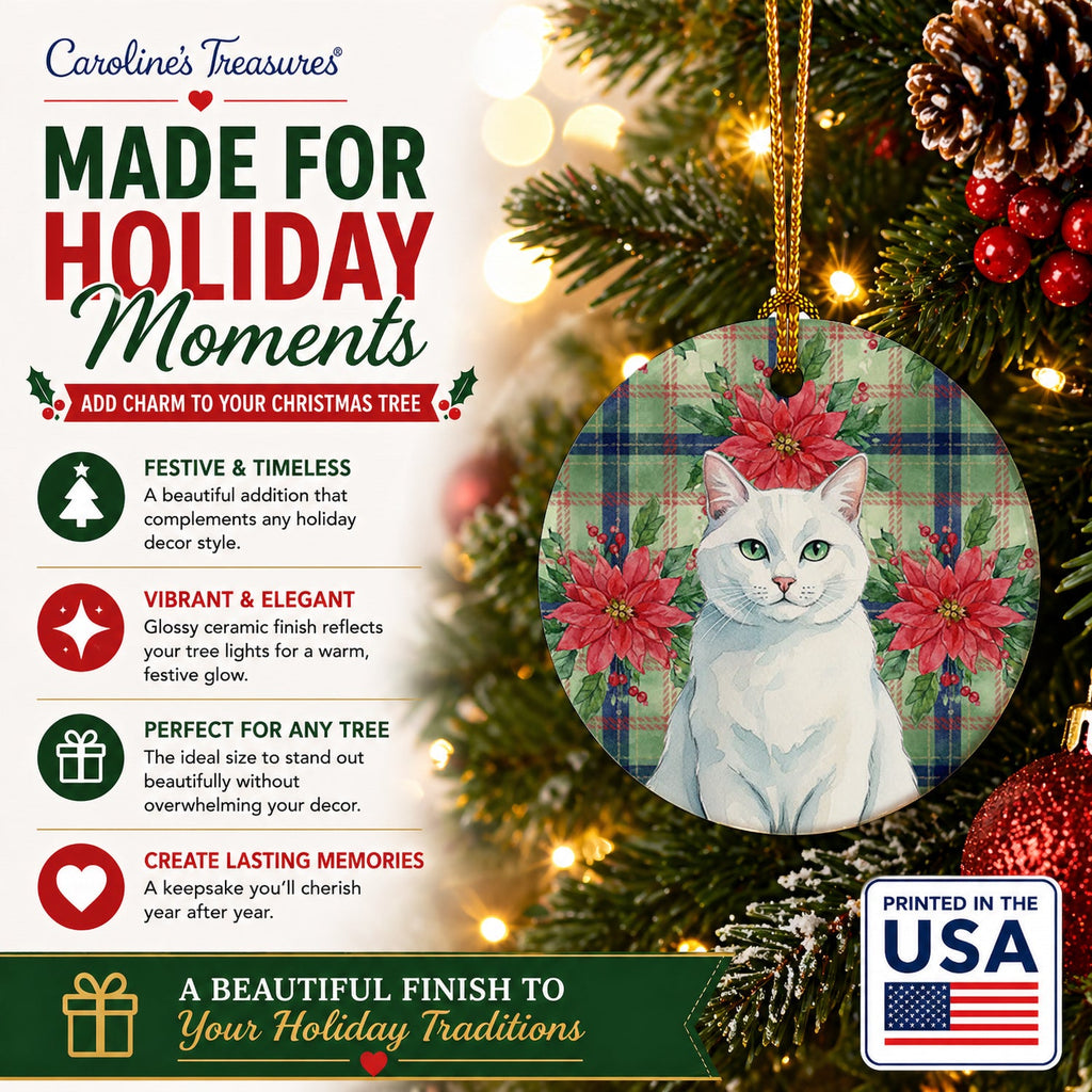 Solid White Cat with Poinsettias Ceramic Ornament Christmas Tree Hanging Decorations for Home Christmas Holiday, Party, Gift, 3 in, Multicolor