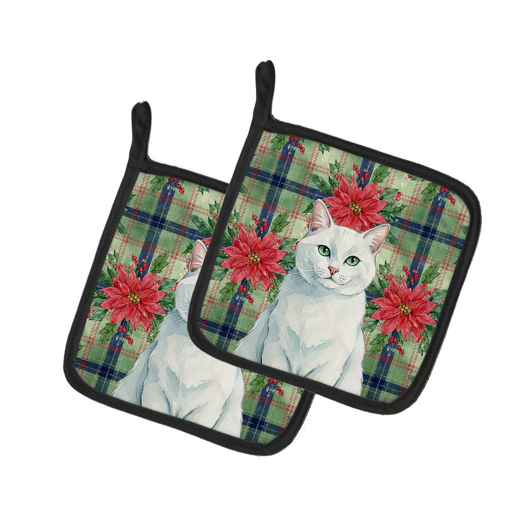 Solid White Cat with Poinsettias Pot Holder Set of 2 Heat Resistant Quilted Hot Pads 7.5 x 7.5 Inch, Insulated Kitchen Trivets for Cooking & Baking