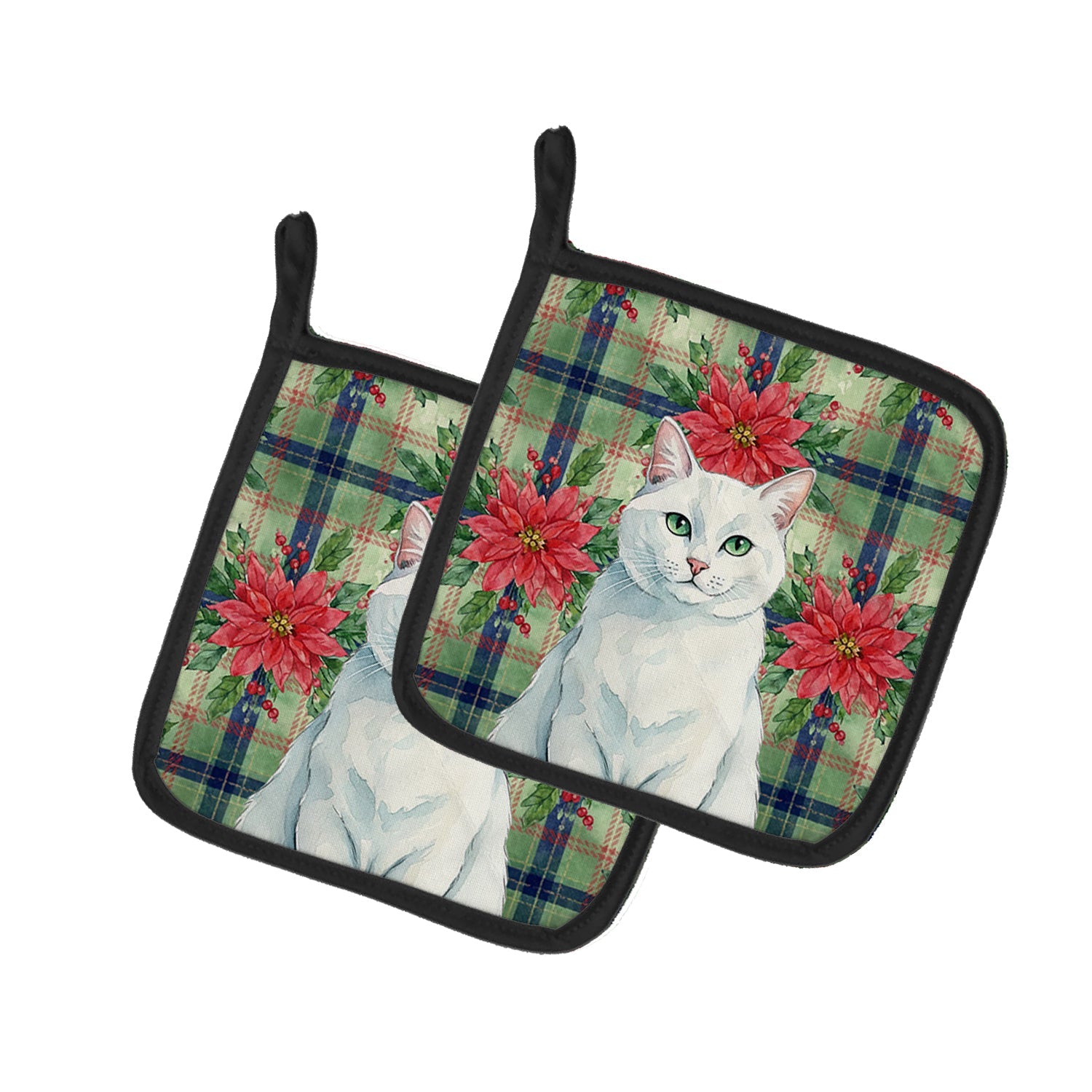 Solid White Cat with Poinsettias Pot Holder Set of 2 Heat Resistant Quilted Hot Pads 7.5 x 7.5 Inch, Insulated Kitchen Trivets for Cooking & Baking