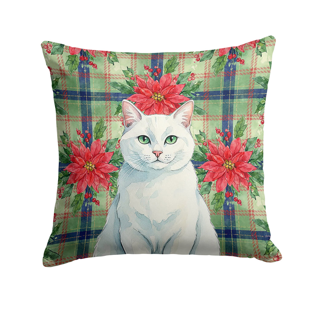 Solid White Cat with Poinsettias Decorative Throw Pillow 18x18 Indoor Outdoor Accent Cushion, Fabric Cover with Insert for Sofa, Bed, Porch & Living Room