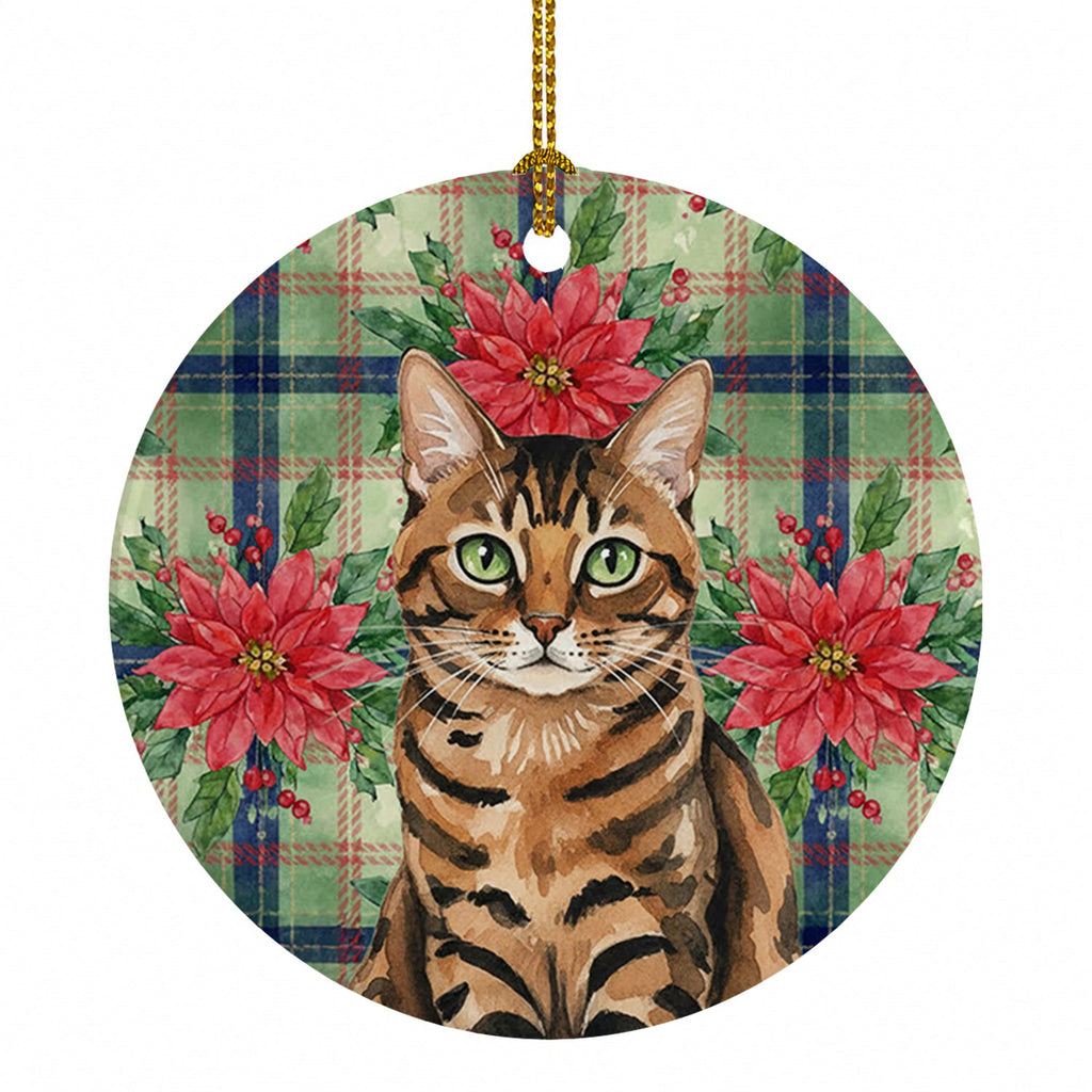 Spotted Tabby Brown Cat with Poinsettias Ceramic Ornament Christmas Tree Hanging Decorations for Home Christmas Holiday, Party, Gift, 3 in, Multicolor