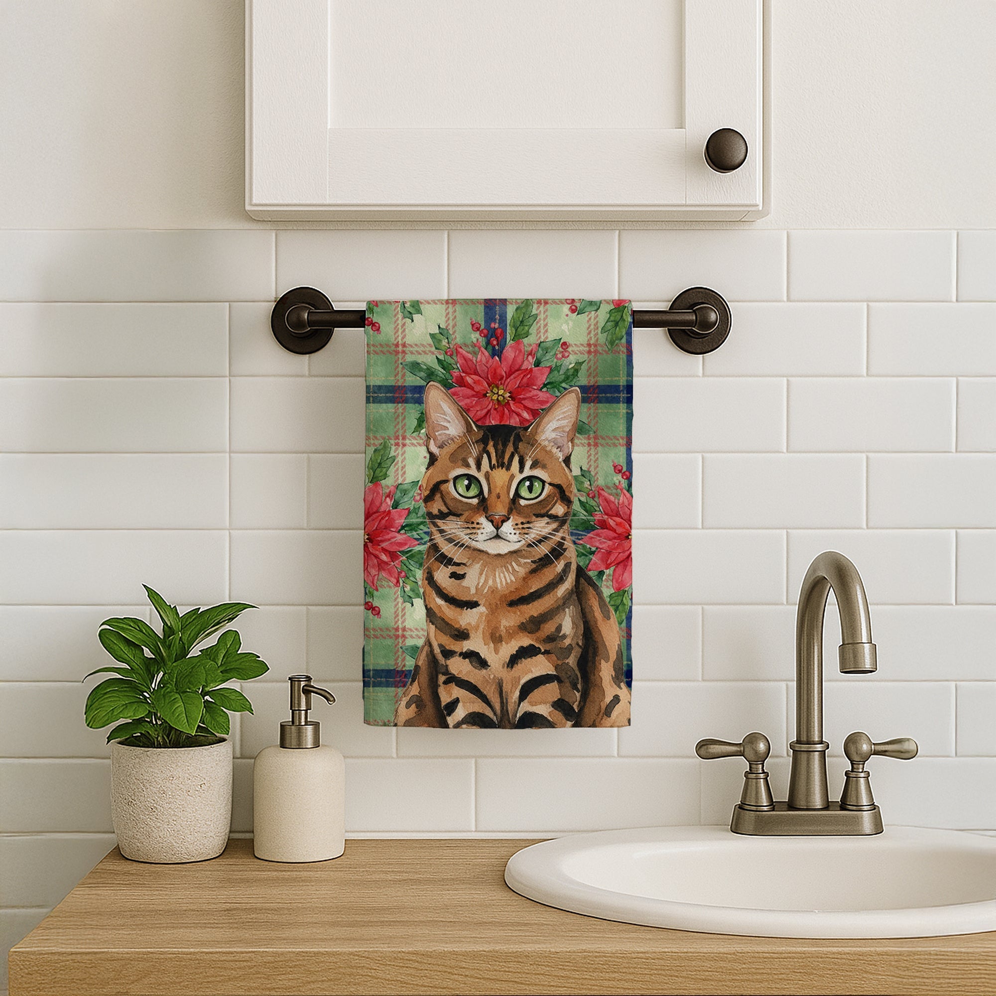 Spotted Tabby Brown Cat with Poinsettias Kitchen Towel Velour Plush Front and Cotton Loop Back Machine Washable