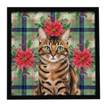 Spotted Tabby Brown Cat with Poinsettias Framed Metal Print Bathroom, Kitchen, Office, Home Decor Wall Art Ready to Hang, Square, 8X8