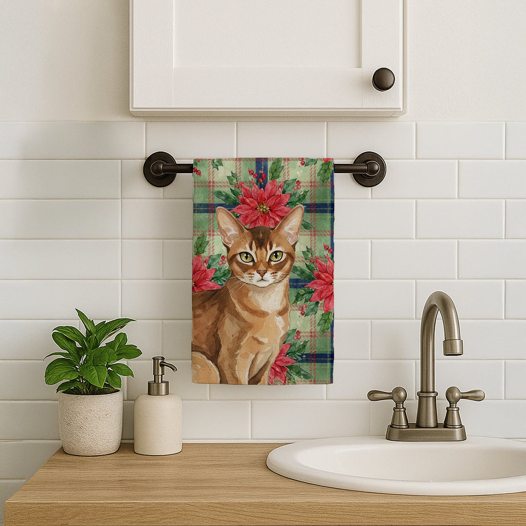 Ticked Tabby Brown Cat with Poinsettias Kitchen Towel Velour Plush Front and Cotton Loop Back Machine Washable
