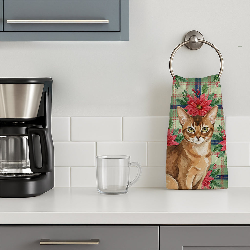 Ticked Tabby Brown Cat with Poinsettias Kitchen Towel Velour Plush Front and Cotton Loop Back Machine Washable