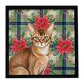 Ticked Tabby Brown Cat with Poinsettias Framed Metal Print Bathroom, Kitchen, Office, Home Decor Wall Art Ready to Hang, Square, 8X8