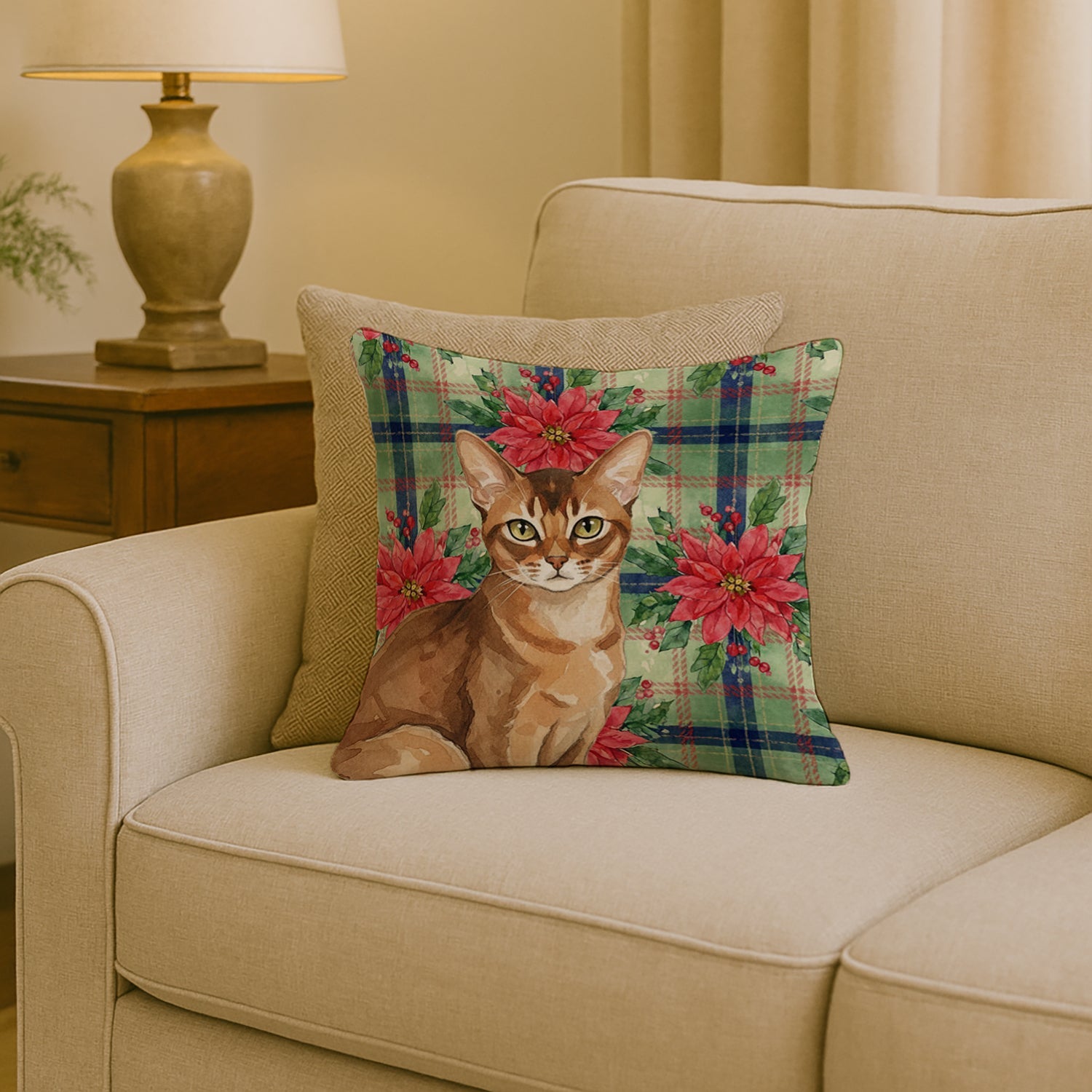 Ticked Tabby Brown Cat with Poinsettias Decorative Throw Pillow 18x18 Indoor Outdoor Accent Cushion, Fabric Cover with Insert for Sofa, Bed, Porch & Living Room