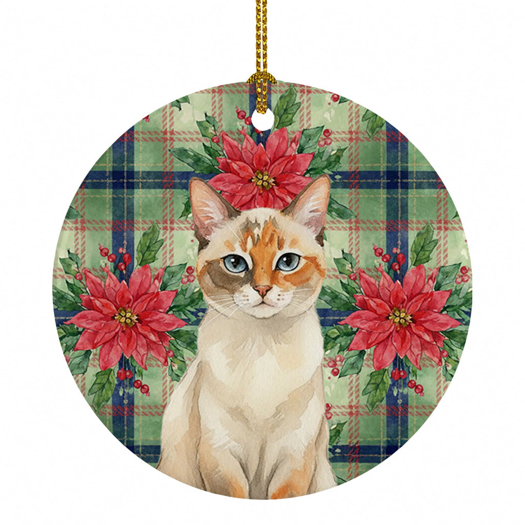 Tortie Point  Cat with Poinsettias Ceramic Ornament Christmas Tree Hanging Decorations for Home Christmas Holiday, Party, Gift, 3 in, Multicolor