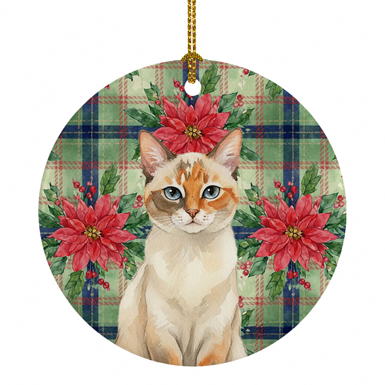 Tortie Point  Cat with Poinsettias Ceramic Ornament Christmas Tree Hanging Decorations for Home Christmas Holiday, Party, Gift, 3 in, Multicolor