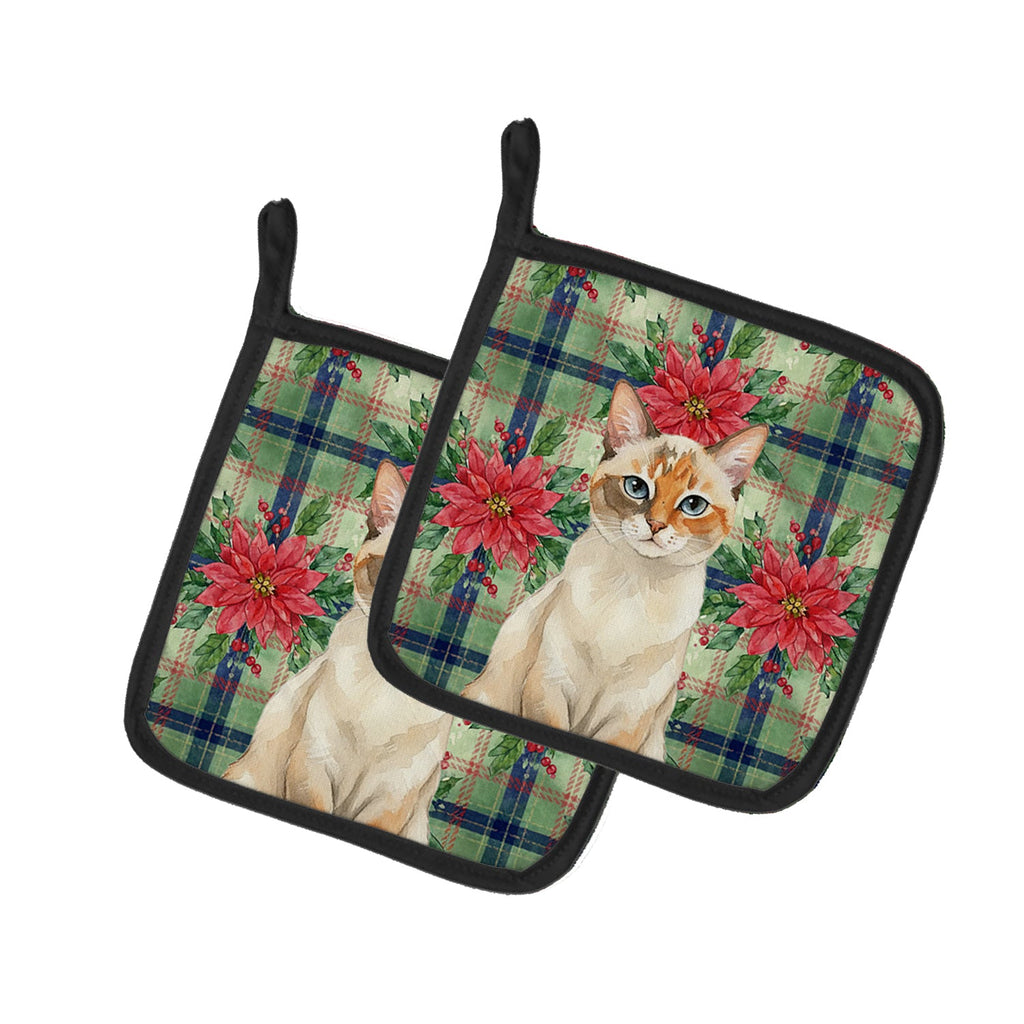 Tortie Point  Cat with Poinsettias Pot Holder Set of 2 Heat Resistant Quilted Hot Pads 7.5 x 7.5 Inch, Insulated Kitchen Trivets for Cooking & Baking