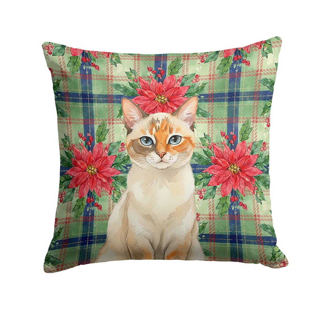 Tortie Point  Cat with Poinsettias Decorative Throw Pillow 14x14 Indoor Outdoor Accent Cushion, Fabric Cover with Insert for Sofa, Bed, Porch & Living Room