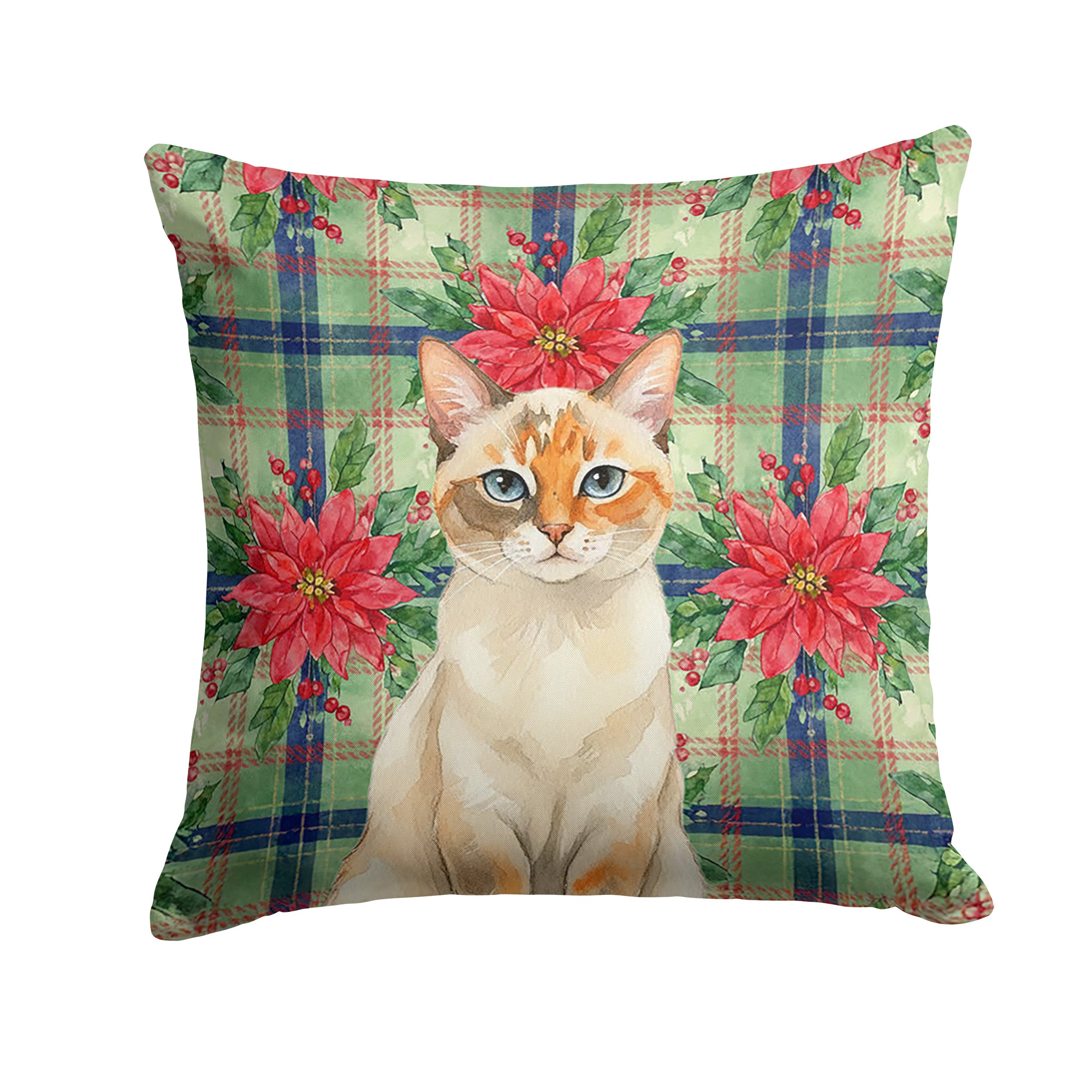 Tortie Point  Cat with Poinsettias Decorative Throw Pillow 18x18 Indoor Outdoor Accent Cushion, Fabric Cover with Insert for Sofa, Bed, Porch & Living Room