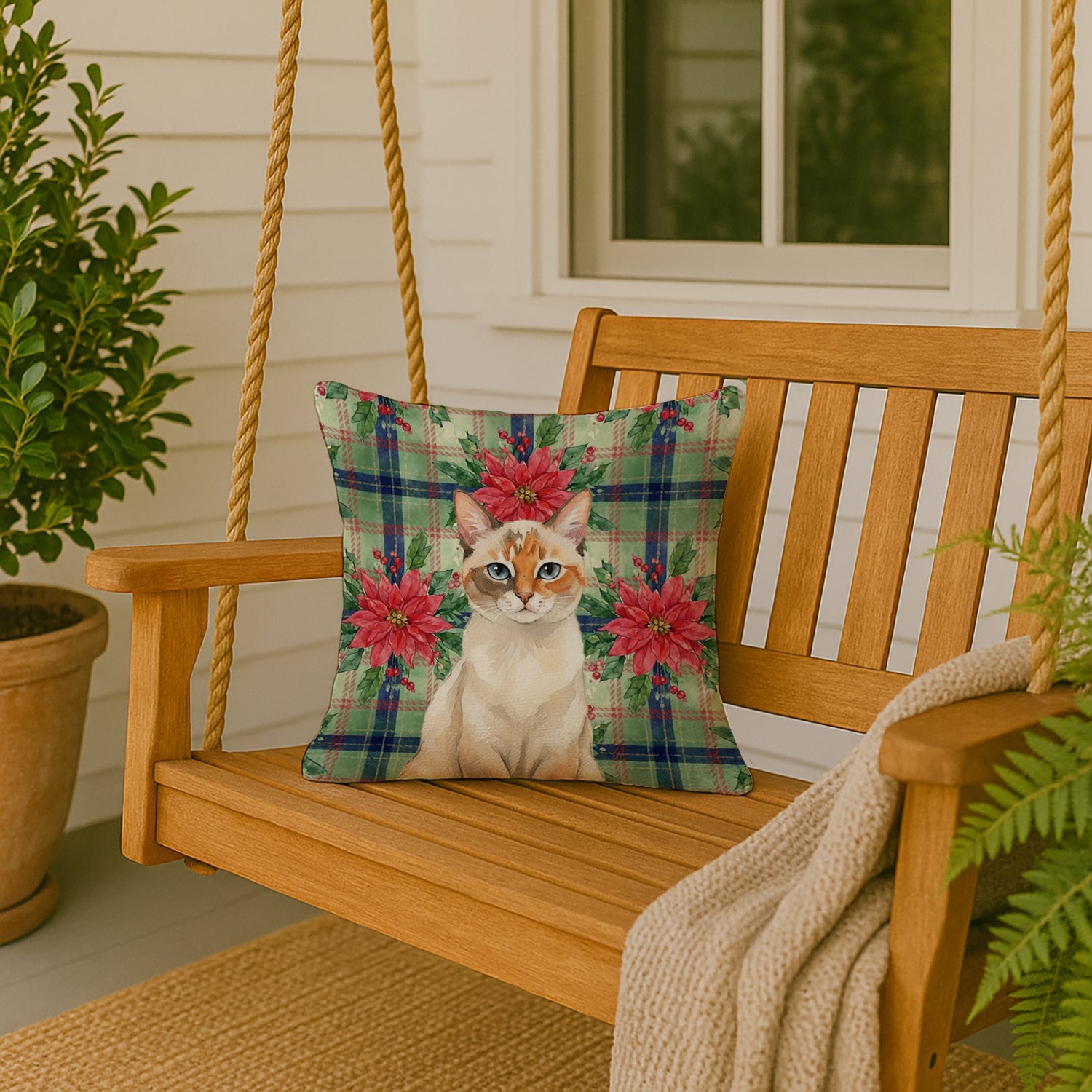 Tortie Point  Cat with Poinsettias Decorative Throw Pillow 18x18 Indoor Outdoor Accent Cushion, Fabric Cover with Insert for Sofa, Bed, Porch & Living Room