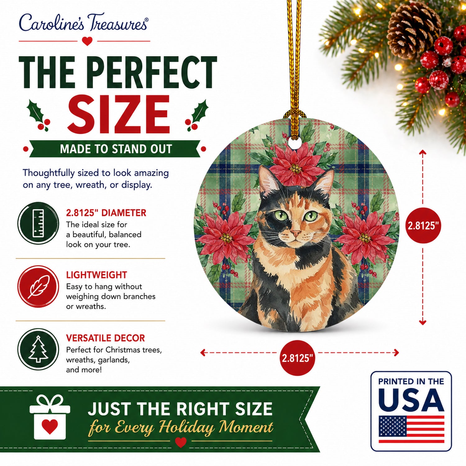 Tortoiseshell Cat with Poinsettias Ceramic Ornament Christmas Tree Hanging Decorations for Home Christmas Holiday, Party, Gift, 3 in, Multicolor
