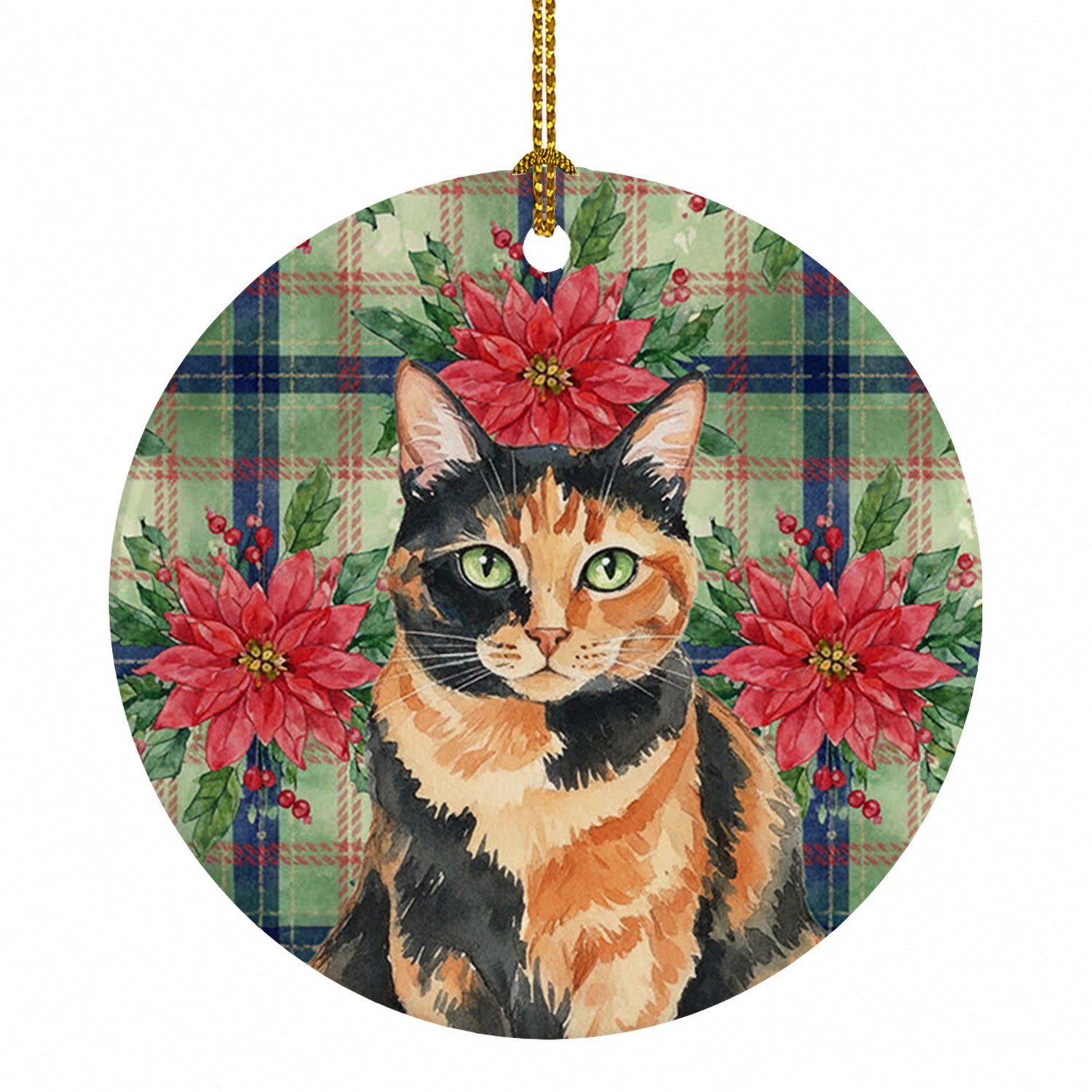 Tortoiseshell Cat with Poinsettias Ceramic Ornament Christmas Tree Hanging Decorations for Home Christmas Holiday, Party, Gift, 3 in, Multicolor
