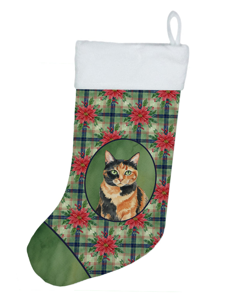 Tortoiseshell Cat with Poinsettias Holiday Stocking Double-Sided Print, Polyester Suede,11x18, Made in USA